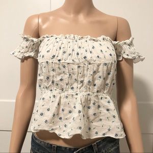 AT White Blue Floral Off Shoulder Light Cotton Ruffle Cropped Ruffle Top M S